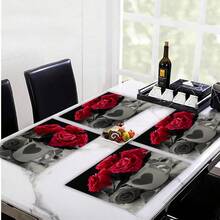4pcs Romantic Rose In Tea Cup Patterned Placemats, Heat Resistant, Blessing Themed Suits For Couples And Lovers, Suitable For Wedding & Valentine's Day, All Seasons - Red - View 6