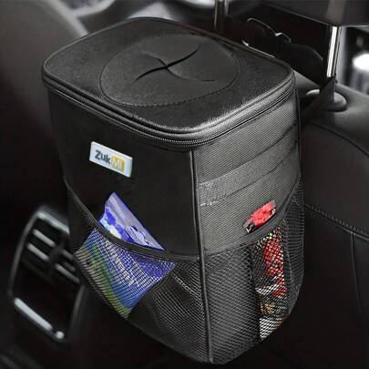 ZukMi Car Trash Can With Lid And Storage Pockets - 100% Leak-Proof Organizer, Waterproof Garbage Can, Multipurpose Trash Bin For Car, 2 Gallons, Black