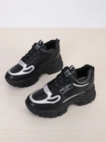 1雙女款增高內增高8公分楔形厚底運動鞋，時尚休閒粗款增高運動休閒鞋 - 黑色 - 查看 1