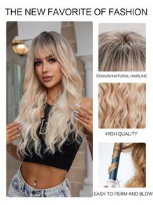 26 英寸長漸變帶劉海合成女士假髮,鬆散波浪混色假髮,抗熱合成纖維替代髮,適用於派對日常 - 漸層 - 查看 5