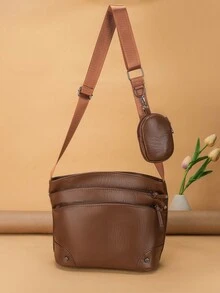 2 件組咖啡棕色 Pu 復古休閒風格大容量拉鍊零錢包和斜挎方包適合女士日常通勤、購物、旅行、派對、宴會、晚餐、化妝收納包、女朋友生日和節日禮物、時尚時尚派對配飾 - 咖啡棕 - 查看 5