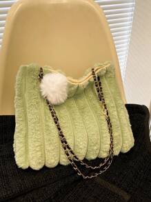 1pc Green Plush Chain Shoulder & Handbag Tote Bag, Suitable For Women's Daily Use In Autumn And Winter - Green - View 4