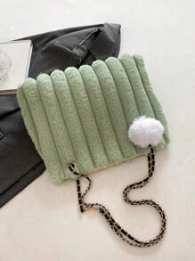 1pc Green Plush Chain Shoulder & Handbag Tote Bag, Suitable For Women's Daily Use In Autumn And Winter - Green - View 3