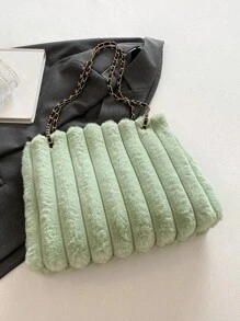 1pc Green Plush Chain Shoulder & Handbag Tote Bag, Suitable For Women's Daily Use In Autumn And Winter - Green - View 6