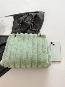1pc Green Plush Chain Shoulder & Handbag Tote Bag, Suitable For Women's Daily Use In Autumn And Winter - Green - View 7