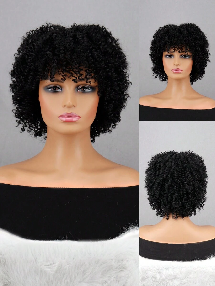 14inch African Roll With Bangs Black Synthetic Wig Women Wear Daily For Banquets And Parties - Black - View 1