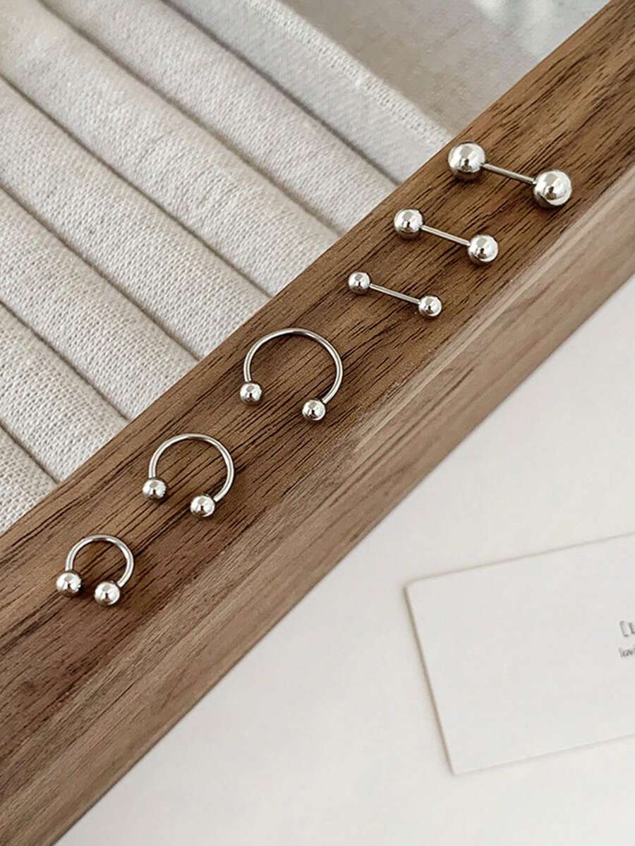 6入組流行女士手術不銹鋼雙頭球形耳釘,軟骨耳環可愛的銀色馬蹄鼻中隔環耳環適用於男性 - 6pcs Set - 查看 1
