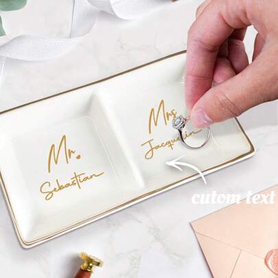 1pc Mr Mrs Ring Dish Personalized Wedding Ring Dish Custom Jewelry Ceramic Trinket Tray With Name Engagement Ring Holder Wedding Gift Decor For Couple Bride Friend,Silver,Stylish,Colorful,Vintage,Simple,Unisex,Casual,Cuties,Custom,Personalized,Unique,Ideal Gifts For Him,Ideal Gifts For Her,Her,Boyfriend,Girlfriend,Dad,Mom,Family,Friends,For Anniversaries,For Birthdays,For Graduation,For Prom,For Party,Promseason
