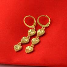 1pair Fashionable Connected Heart Shaped Pendant Earrings, Suitable For Women's Daily Wear, Parties And Other Occasions - Gold - View 2