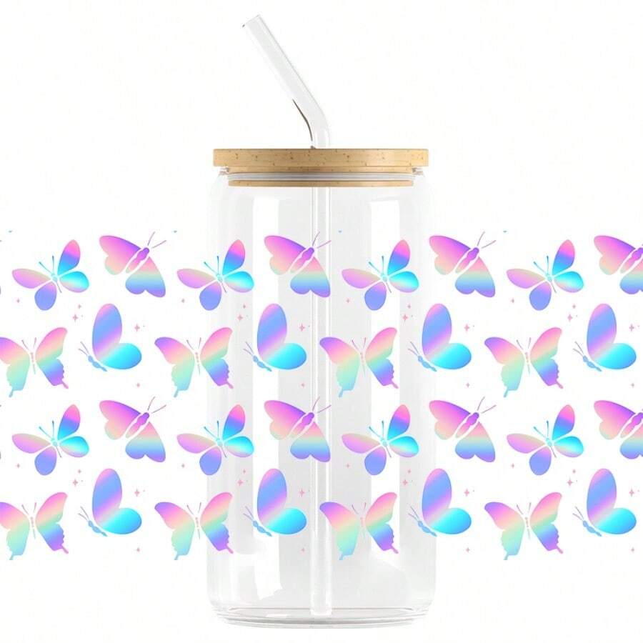 1pc Colourful Butterfly Design UV DTF Cup Wraps For 16 Oz Glass Cup, Glass Stickers For Cups, Cup Decals UV Transfer Stickers For Cups Waterproof Sticker Bottle Sticker Adhesive Sticker- - Multicolor - View 1