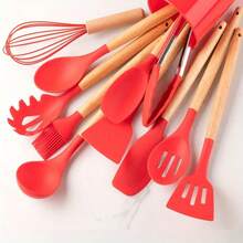 矽膠烹飪工具套裝°c耐高溫廚房工具,包括鉗子、刮板、平鏟、勺子、刷子、打蛋器,適用於不沾鍋具,適用於洗碗機 - 紅色 - 查看 3