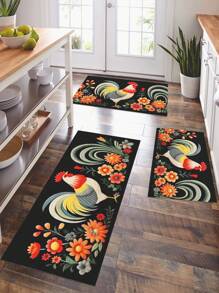 1pc Floral Rooster Printed Kitchen Mat, Beautiful Polyester Rectangular Kitchen Rug Suitable For Home Use - Black - View 1
