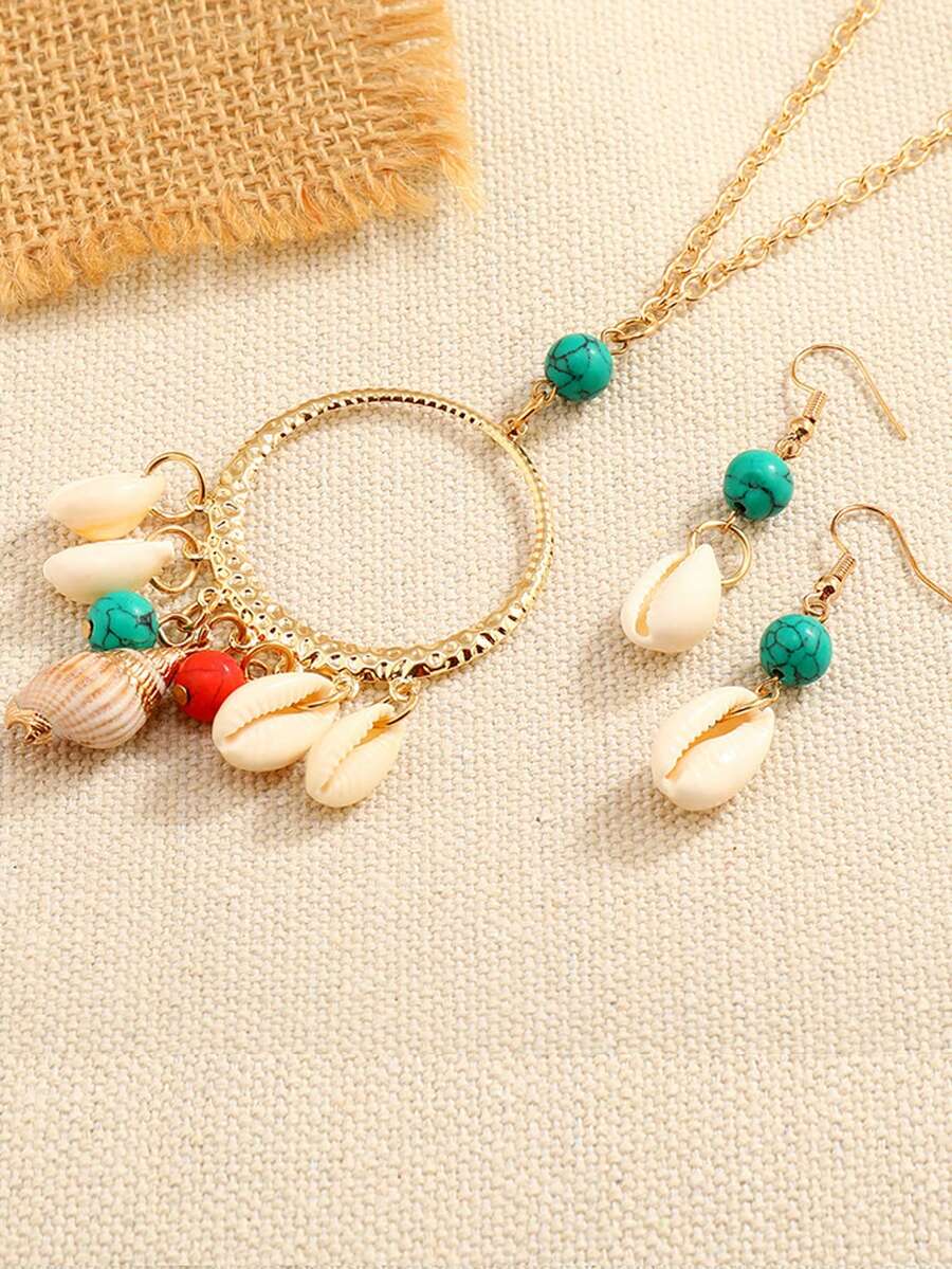 3 件套休閒度假風格綠松石和貝殼項鍊耳環套裝,女士多功能派對珠寶禮物 - 一條項鍊 - 查看 1