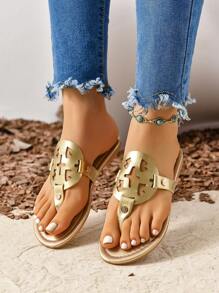 Sandali Piatti In Metallo E Da Donna Con Motivo Di Fiori Scavati Color Oro Per Primavera Estate, Casual, Abbigliamento Da Spiaggia, Taglia Grande Dell'ue, Infradito Antiscivolo