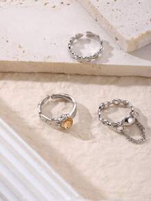 3入組極簡風格開口戒指套裝,看起來高端大氣 - 銀色 - 查看 2