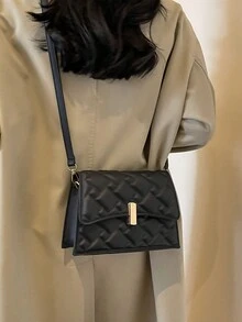 1個轉鎖扣帶蓋實色鑽石圖案復古方形包,時尚的斜挎肩包,適用於女性日常和約會使用,當作禮物也很適合 - 黑色 - 查看 2