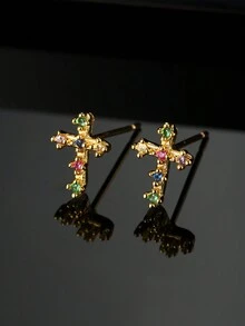 1pair Fashionable Elegant Colored Cz Cross Shaped Women's Small Stud Earrings - Multicolor - View 2