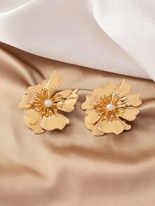 1pair Geometric Flower, Pearl Inlaid, European And American Fashionable Elegant And High-End Earrings - Yellow Gold - View 2