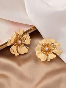 1pair Geometric Flower, Pearl Inlaid, European And American Fashionable Elegant And High-End Earrings - Yellow Gold - View 5