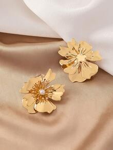 1pair Geometric Flower, Pearl Inlaid, European And American Fashionable Elegant And High-End Earrings - Yellow Gold - View 6