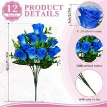 12 Heads Silk Rose Artificial Flowers Faux Rose Bouquet Fake Rose For Vase Floral Arrangements Wedding Valentine'S Day Home Table Decoration (Blue) - Blue - View 2