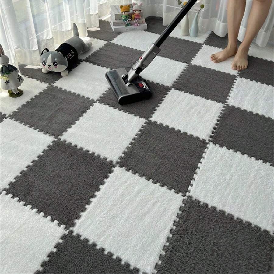 10入組潮流風格拼接地墊,適用於客廳沙發拼圖墊,臥室床頭防滑純色墊 - 5白+5灰 - 查看 1