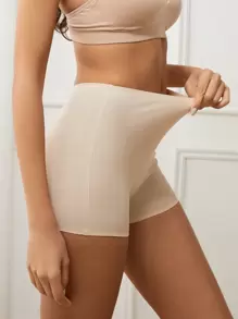 FLARIXA 1 pieza Calzoncillos tipo bóxer sin costuras de cintura alta para mujer, pantalones cortos tipo niño, ropa interior suave para usar debajo de faldas, ropa interior cómoda y casual, sin enrollamiento, shorts de lencería que no se transparentan - Beis - Ver 2