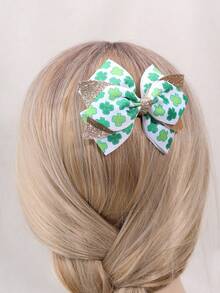 2pcs St. Patrick Shamrock Hair Bow Clips For Women,Glitter Ribbon Alligator Hair Clips,Fashion Women Hair Accessories. - Green - View 4