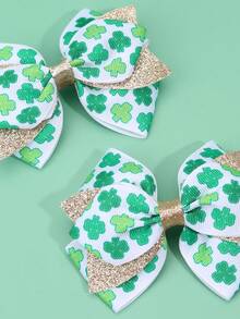 2pcs St. Patrick Shamrock Hair Bow Clips For Women,Glitter Ribbon Alligator Hair Clips,Fashion Women Hair Accessories. - Green - View 3