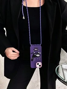 1入組驚嚇黑貓圖案手機殼,內含1條粉色手繩、鏡子環支架和2個繫繩孔,深紫色tpu柔軟殼與 Iphone 15promax/11/12/13/14plus 兼容,可斜挎或肩背。 - 彩色 - 查看 4