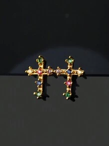 1pair Fashionable Elegant Colored Cz Cross Shaped Women's Small Stud Earrings - Multicolor - View 1