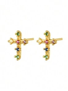 1pair Fashionable Elegant Colored Cz Cross Shaped Women's Small Stud Earrings - Multicolor - View 3