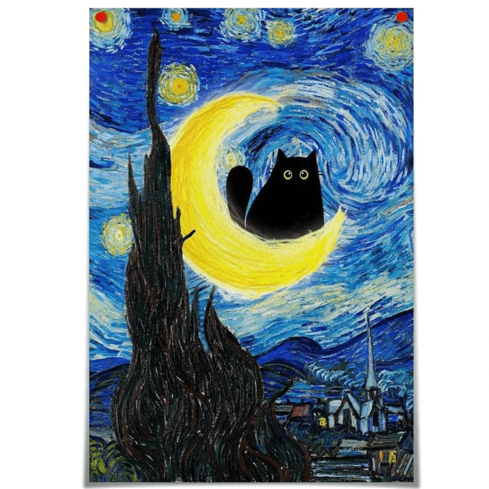 星空下的貓畫布藝術,名畫《星夜》黑貓海報,有趣的貓花印花彩色抽象農舍畫廊美學房間牆壁裝飾,適用於臥室無框畫 - 彩色 - 查看 1
