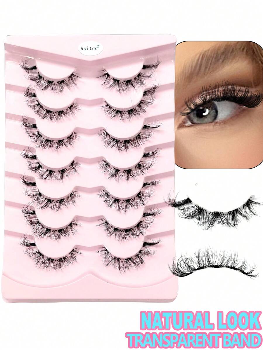 Asiteo 7 Pairs 3D Natural Transparent False Eyelashes With Lashes, Natural Delicate Faux Mink Eyelashes, Fluffy Curly Cat Eye False Lashes - 黑色 - 查看 1