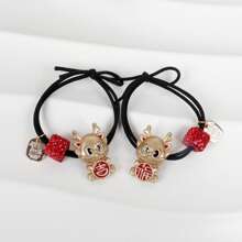 2pcs Children's Chinese Style New Year Hair Ties For Girls, Ropes With Year Of The Dragon Decoration - Black - View 8
