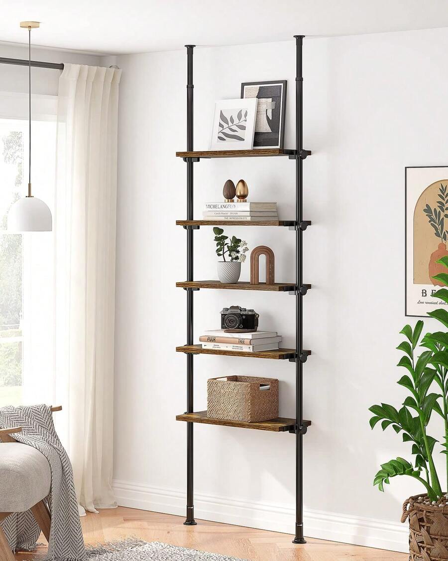 ALLZONE 5 Tiers Narrow Bookshelf, Tall Adjustable Ladder Book Shelf With Open Storage, Floor To Ceiling Tension Mount, Wooden Industrial Bookcase For Living Room, 92 To 116 Inch - 棕色 - 查看 1
