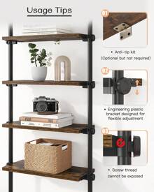 ALLZONE 5 Tiers Narrow Bookshelf, Tall Adjustable Ladder Book Shelf With Open Storage, Floor To Ceiling Tension Mount, Wooden Industrial Bookcase For Living Room, 92 To 116 Inch - 棕色 - 查看 3