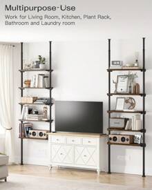 ALLZONE 5 Tiers Narrow Bookshelf, Tall Adjustable Ladder Book Shelf With Open Storage, Floor To Ceiling Tension Mount, Wooden Industrial Bookcase For Living Room, 92 To 116 Inch - 棕色 - 查看 6