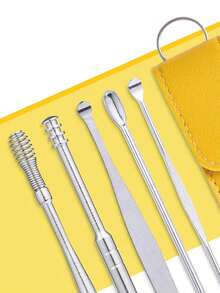 6pcs Household Portable Earwax Removal Set With Spiral Spring Ear Cleaning Tool, Adults Ear Pick With High-End Look - Yellow - View 1