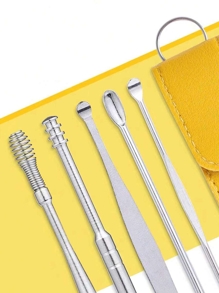 6pcs Household Portable Earwax Removal Set With Spiral Spring Ear Cleaning Tool, Adults Ear Pick With High-End Look - Yellow - View 1