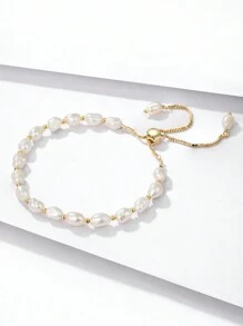 1pc Natural Freshwater Pearl & 925 Sterling Silver Material Fashionable Designed Bracelet For Women - Silver - View 4