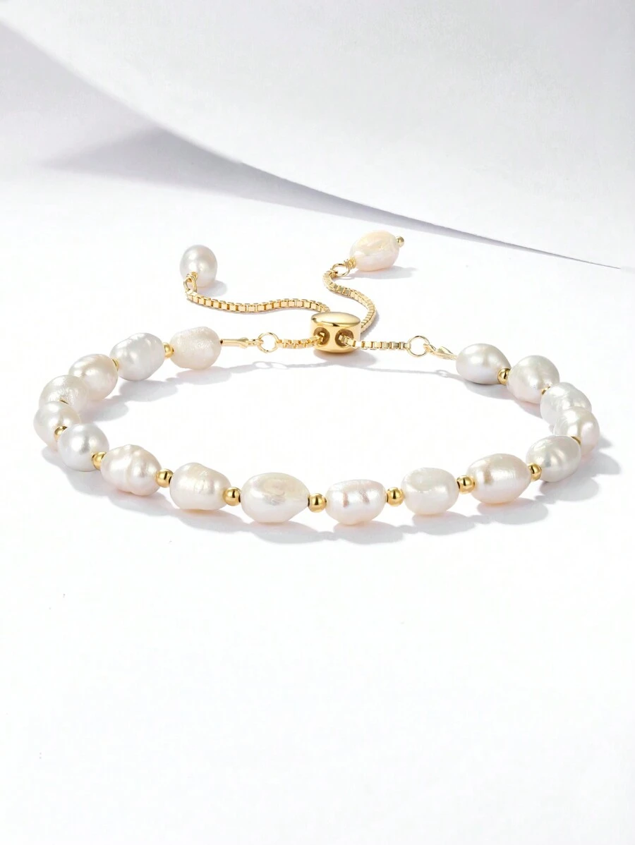 1pc Natural Freshwater Pearl & 925 Sterling Silver Material Fashionable Designed Bracelet For Women - Silver - View 1