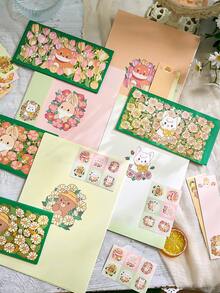 1入創意ins風格可愛動物、花印紙張信封套裝,金箔質感,適用於學生 - 彩色 - 查看 9