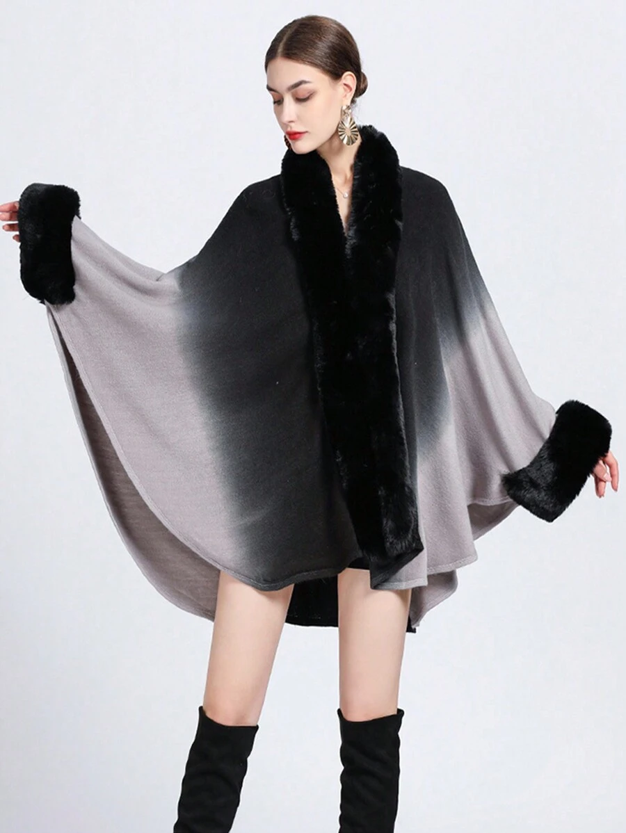 女裝加大尺碼有領針織開衫,漸變斗篷披肩外套 - 黑色 - 查看 1