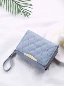 FONMOR 女用撞色縫線三折短皮夾 - 藍色 - 查看 1