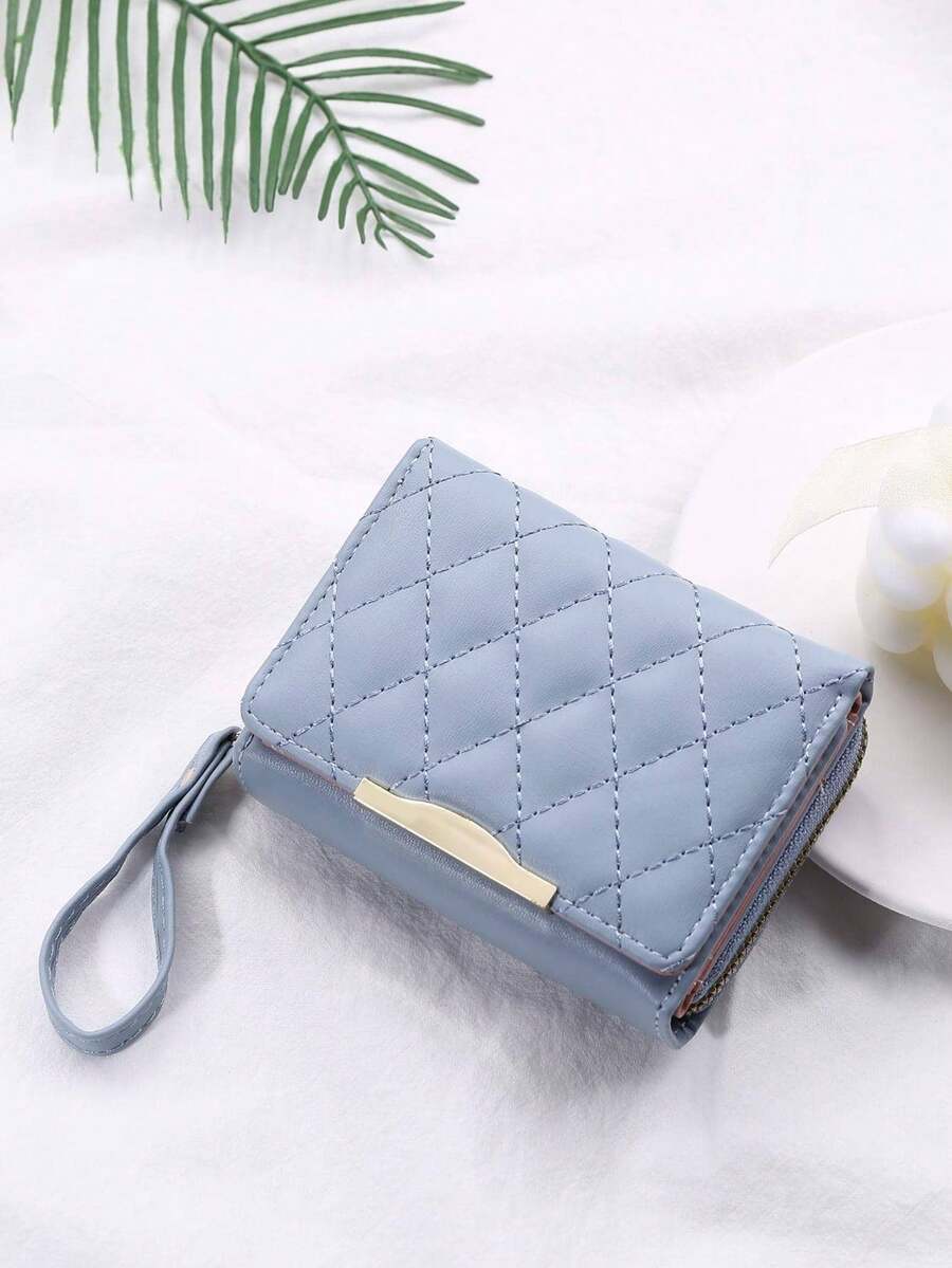 FONMOR 女用撞色縫線三折短皮夾 - 藍色 - 查看 1