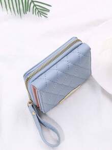 FONMOR 女用撞色縫線三折短皮夾 - 藍色 - 查看 3