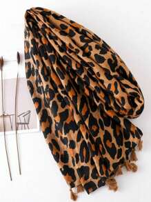 1條簡約豹紋印花女式絲巾,帶流蘇適用於夏季、防曬和披肩 - 咖啡棕 - 查看 6