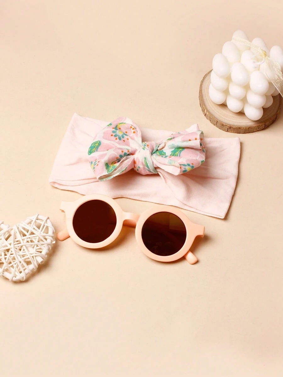 1pc Nylon Printed Bowknot Baby Hair Accessory & 1pc Eyeglasses For Infants, Suitable For Age 0-3 - Baby Pink - View 1