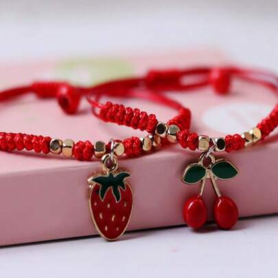 1 Stück Rotes Kinderarmband Mit Chinesischem Tierkreiszeichen-design Diy Erdbeer & Kirsch Perlen Handgemachtes Armband Für Mädchen, Geschenke Für Kinder/studenten/kinder